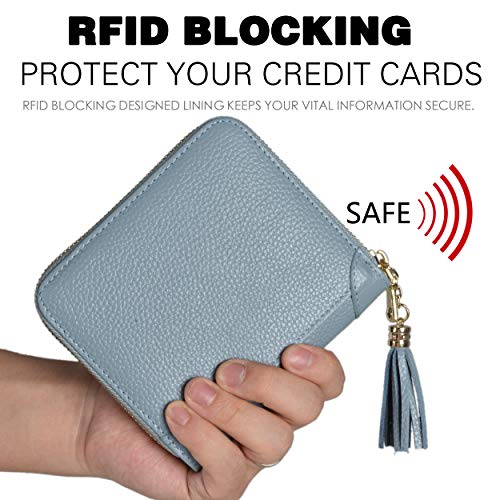 Easyoulife Womens Credit Card Holder Wallet Zip Leather Card Case RFID Blocking (Light Blue) - Image 4