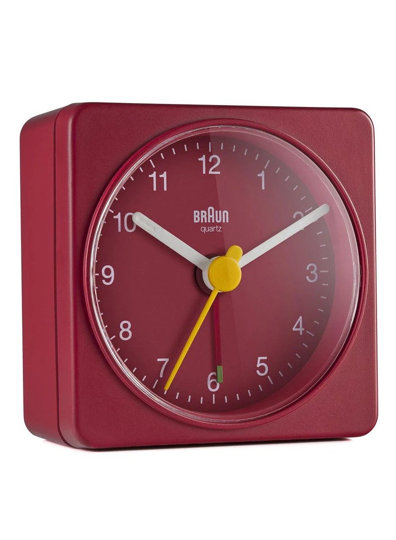 Braun Classic Travel Analogue Clock, Compact Size, Quiet Quartz Movement, Crescendo Beep Alarm in Red, Model BC02R, One