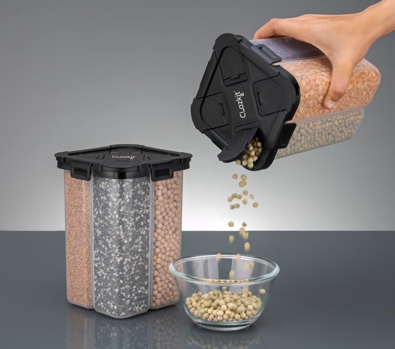 Clazkit Square Airtight Transparent Plastic Lock Food Storage 4 Section Container Jar for Grocery, Fridge Container Pack of 1, 2000ML - Black - Image 1