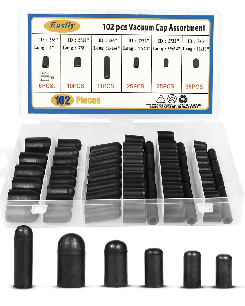Rubber Vacuum Caps Plug Kit 102 PCS Assorted Vacuum Plugs Hose End Caps Assortment Kit for Carburetor Manifold Automotive 316 516 732 14 532 38
