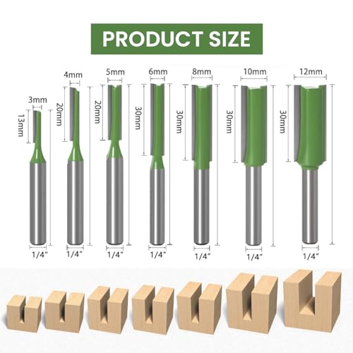 Serplex® 7PCS 1/4" Shank Tungsten Carbide Double&Single Flute Straight Dado Router Drill Bit Set Carpenter Tools For Wood Work, 3/4/5/6/8/10/12mm Cutting Diameter Trimming Cutter for Woodworking - Image 2