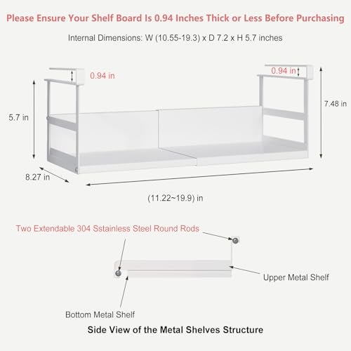 SHINEWON Expandable Under Cabinet Shelf Organizer with 0.94-Inch Thick Clips, Heavy Duty Extendable Under Shelf Storage Basket for Pantry or Laundry Room, White, 2 Pack, Interior: 5.7" H x 7.2" D - Image 2