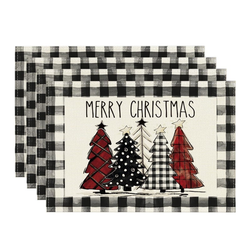 Artoid Mode Waterclor Buffalo Plaid Christmas Trees Placemats Set of 4  12x18 Inch Winter Table Mats for Outdoor Home Party Kitchen Dining Decor - Image 1