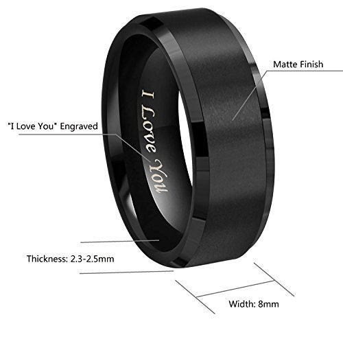 Crownal 8mm 6mm 4mm Black Tungsten Wedding Couple Bands Rings Men Women Matte Brushed Finish Center Engraved "I Love You" Size 4 To 17 (8mm,8) - Image 3