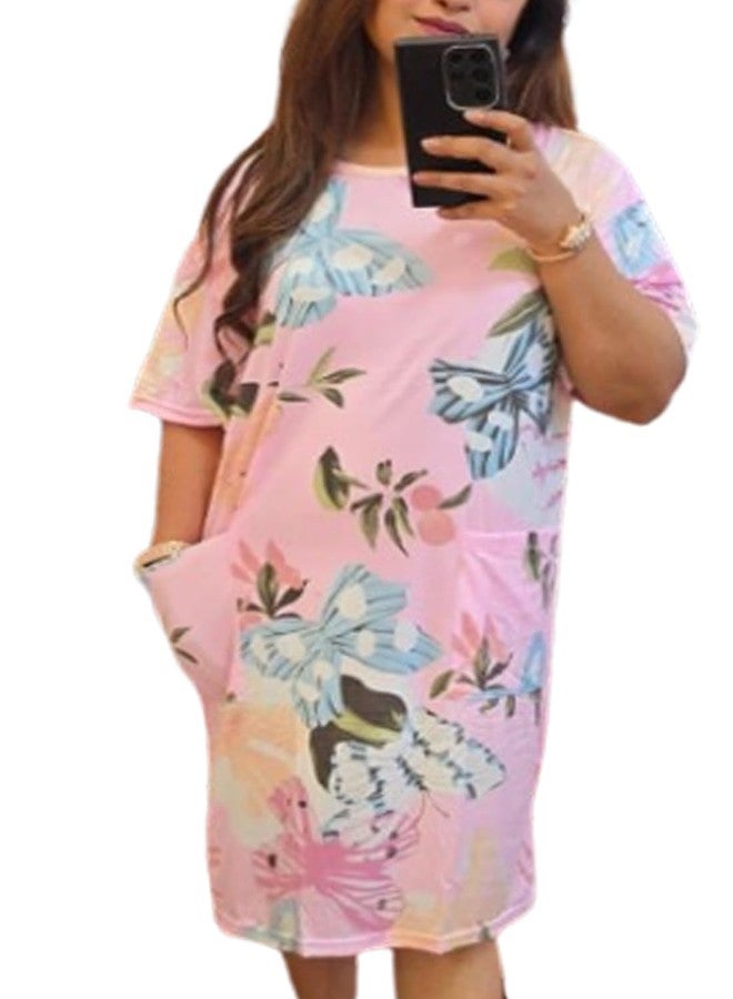 Ukal Women's Tunic Comfortable Both Side Pockets Regular Fit Print T-Shirt Dress, Short Sleeve, Floral Pattern, Casual Summer Wear (in, Alpha, S, Regular, HS-1)