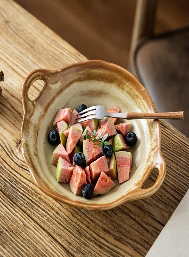 VSPDVO Retro Ceramic Bowl with Handles - Free-Form Edge for Fruit Salad Soup Noodle and Decorative Kitchen Counter (small) - Image 4