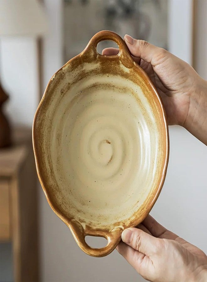 VSPDVO Retro Ceramic Bowl with Handles - Free-Form Edge for Fruit Salad Soup Noodle and Decorative Kitchen Counter (small) - Image 2