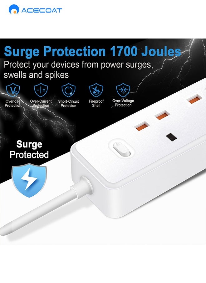 ACECOAT Power Strip with USB C Slots, 4 Way Extension Lead Outlets with 4 Smart Electrical Sockets & 2 USB Ports & Surge Protector, 2M Extension Cord & 1 Switch, 2500W/10A, Extension Cord for Home Office  - Image 4