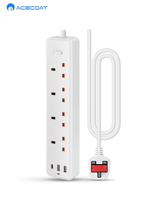 ACECOAT Power Strip with USB C Slots, 4 Way Extension Lead Outlets with 4 Smart Electrical Sockets & 2 USB Ports & Surge Protector, 2M Extension Cord & 1 Switch, 2500W/10A, Extension Cord for Home Office  - Image 1