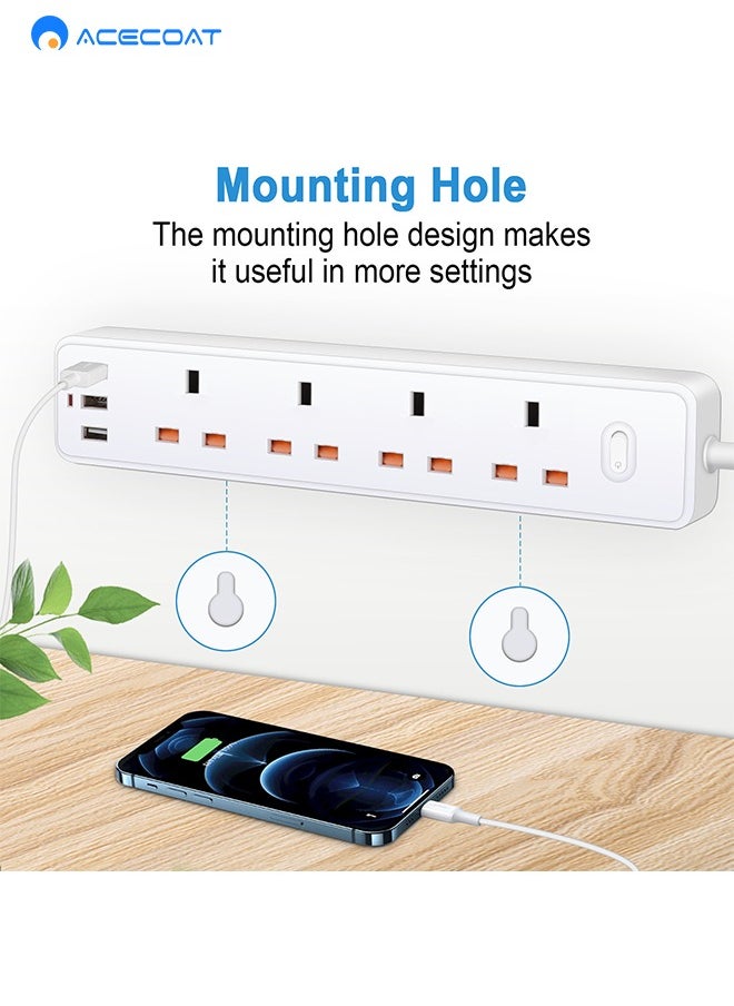 ACECOAT Power Strip with USB C Slots, 4 Way Extension Lead Outlets with 4 Smart Electrical Sockets & 2 USB Ports & Surge Protector, 2M Extension Cord & 1 Switch, 2500W/10A, Extension Cord for Home Office  - Image 5