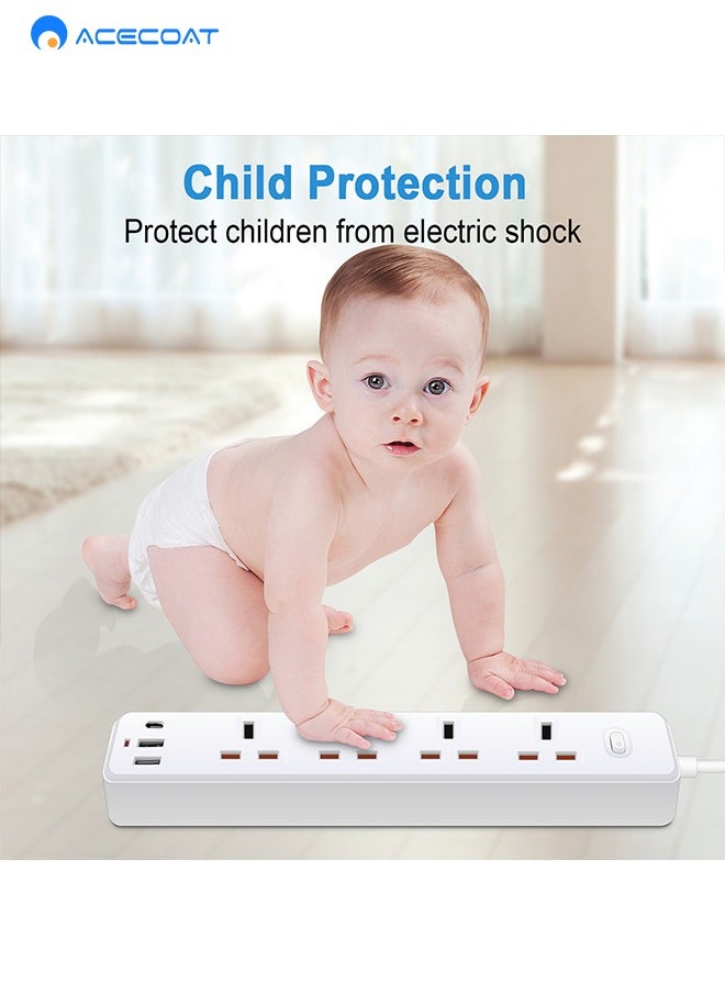 ACECOAT Power Strip with USB C Slots, 4 Way Extension Lead Outlets with 4 Smart Electrical Sockets & 2 USB Ports & Surge Protector, 2M Extension Cord & 1 Switch, 2500W/10A, Extension Cord for Home Office  - Image 3