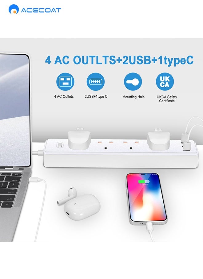 ACECOAT Power Strip with USB C Slots, 4 Way Extension Lead Outlets with 4 Smart Electrical Sockets & 2 USB Ports & Surge Protector, 2M Extension Cord & 1 Switch, 2500W/10A, Extension Cord for Home Office  - Image 2