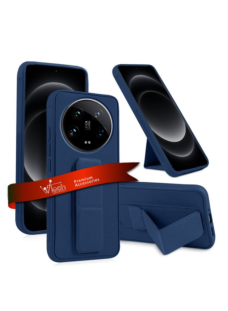 Wtech Xiaomi 14 Ultra 5G 2024 Hand Grip Foldable Magnetic Kickstand Wrist Strap Finger Grip With Built-In Iron Case Cover Navy Blue - Image 1