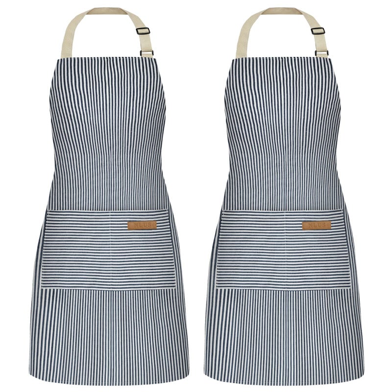 Nlus 2 Pack Cooking Aprons For Women With Pockets  Adjustable Kitchen Bib Aprons Chef Aprons For Women Men(Blue Pinstripes) - Image 1