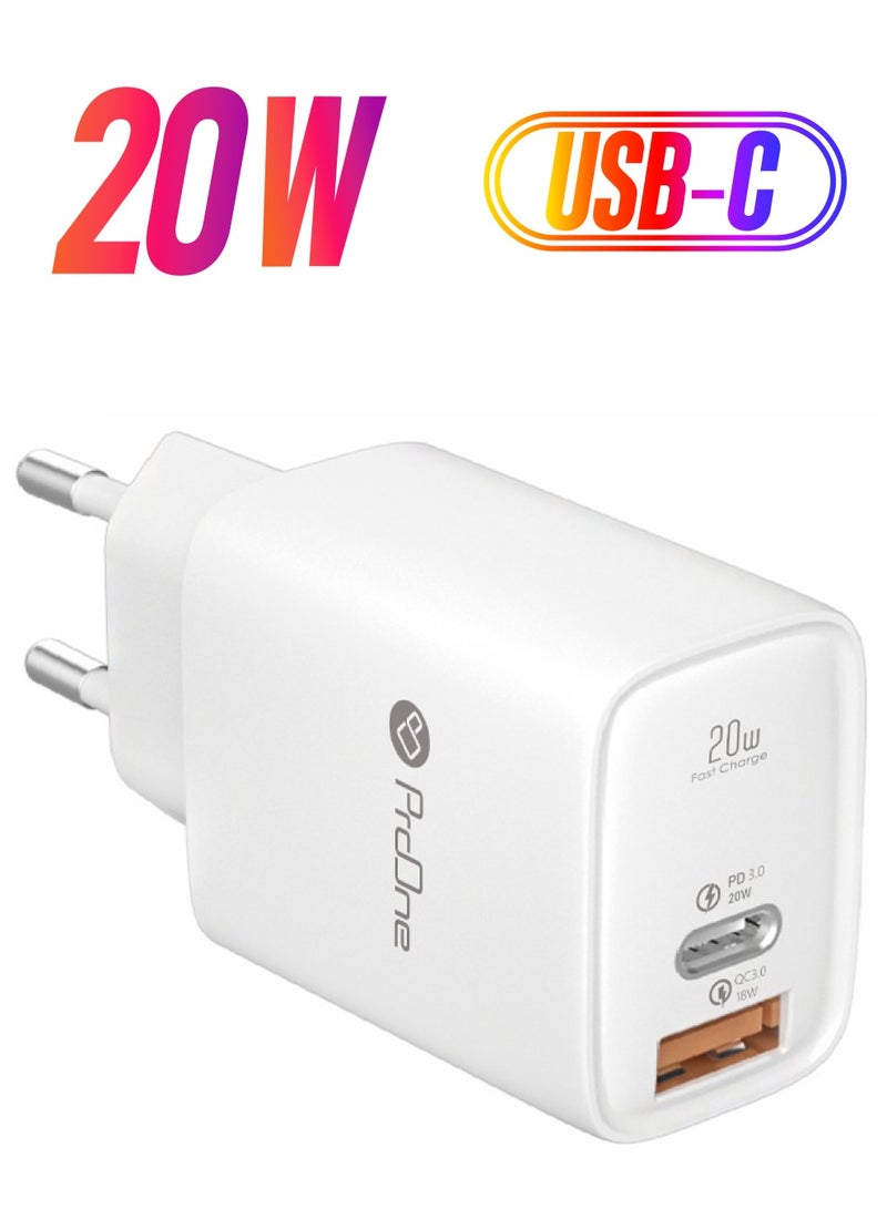 ProOne ProOne 20W Fast Charge Wall Plug with 2 PD&QC 3.0 Ports, Compatible with iPhone 13/13 Pro, 12/12 Pro/12 Pro Max, 11/XS/XR, iPad, Galaxy, and More  - Image 1