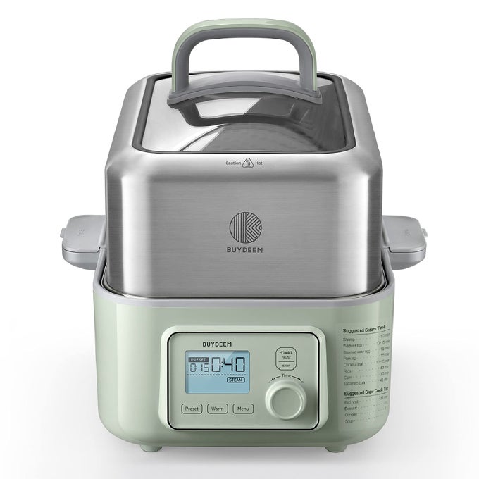 G563 5QUART ELECTRIC FOOD STEAMER FOR COOKING ONE TOUCH VEGETABLE STEAMER DIGITAL MULTIFUNCTIONAL STEAMER QUICK STEAM IN 60S STAINLESS STEEL STEAMER TRAY GLASS LID COZY GREENISH