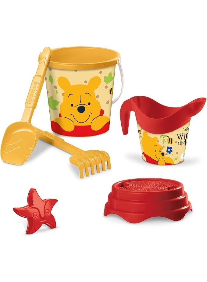 MONDO Disney Winnie the Pooh Kids Beach Bucket Toy Set – 6 Pieces, Sand Toys with Bucket, Rake, Shovel, Watering Can, Sieve & Starfish Mold for Toddlers ,17cm - Image 1