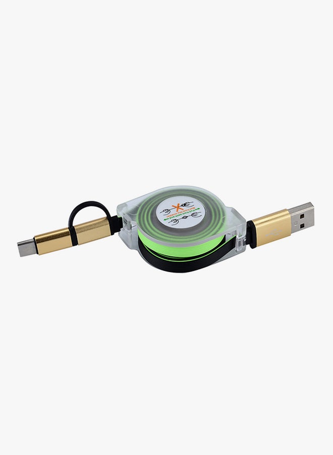 Voberry V8 Retractable 2-In-1 Data Sync Charging Cable Green/Gold/Black - Image 1