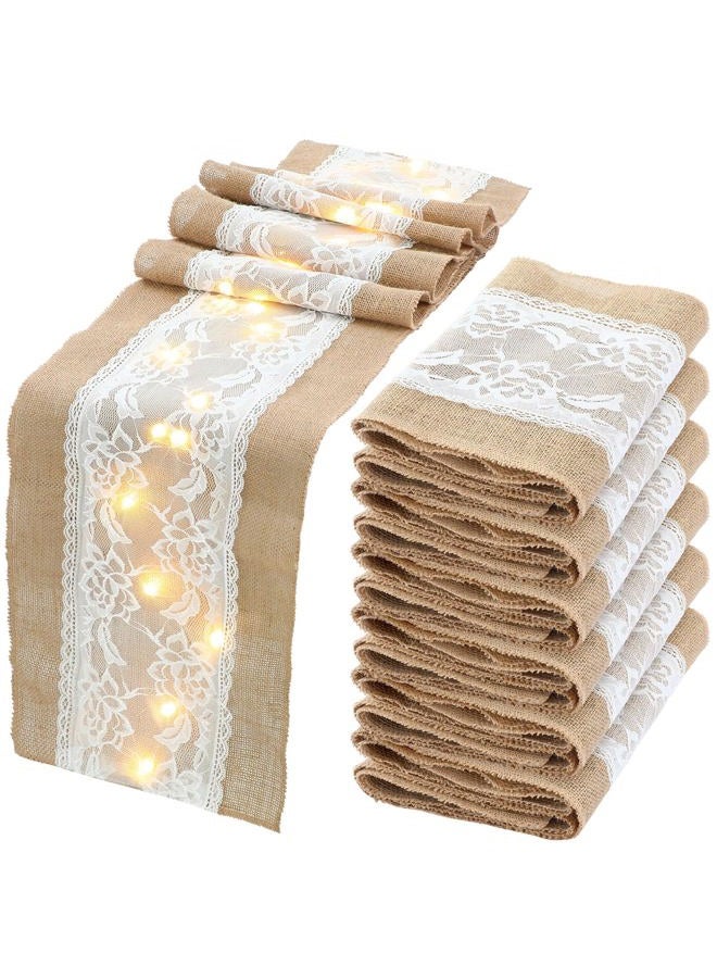 Xinnun 6 Pack Burlap Table Runner with LED String Lights Lace Rustic Natural Vintage Boho Jute Runner for Farmhouse Wedding Thanksgiving Decor (Modern,12x70 Inches) - Image 1