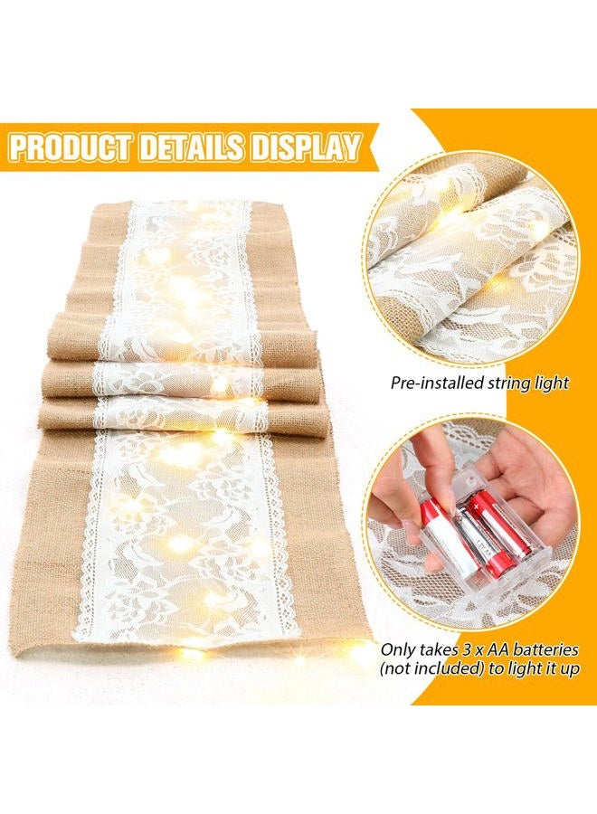 Xinnun 6 Pack Burlap Table Runner with LED String Lights Lace Rustic Natural Vintage Boho Jute Runner for Farmhouse Wedding Thanksgiving Decor (Modern,12x70 Inches) - Image 3