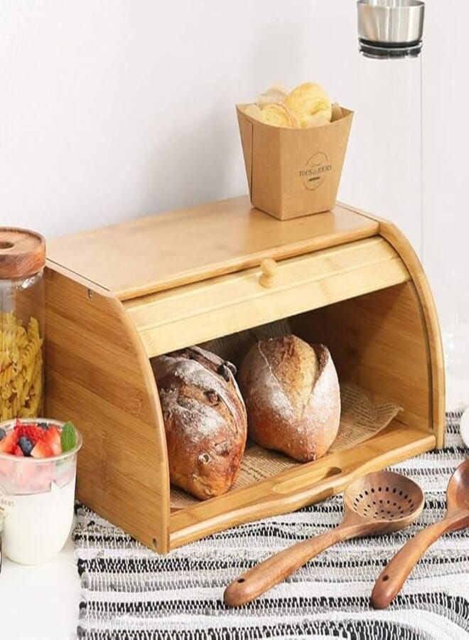 Generic Wooden Bread Box with Roll Top Lid, 42 x 28 x 17 cm, Natural .emd