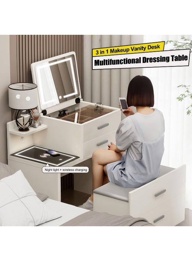 Generic Distinctive Modern Dressing Table, Advanced Solid Wood, Round Smart Mirror with Strong LED Lighting in three Color Modes, Smart Side Table with Wireless Charging and a Comfort Chair  - Image 3