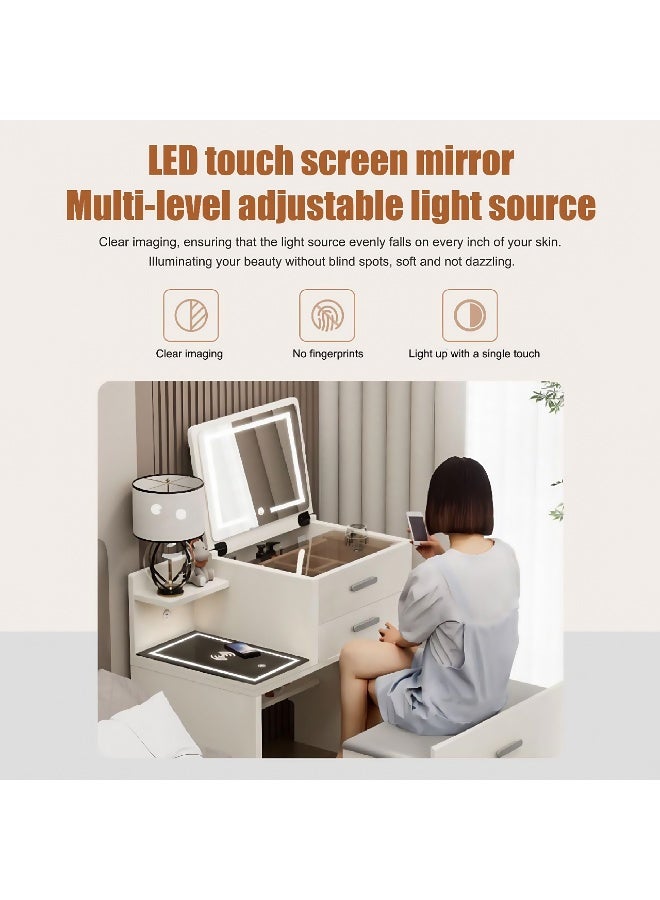 Generic Distinctive Modern Dressing Table, Advanced Solid Wood, Round Smart Mirror with Strong LED Lighting in three Color Modes, Smart Side Table with Wireless Charging and a Comfort Chair  - Image 4