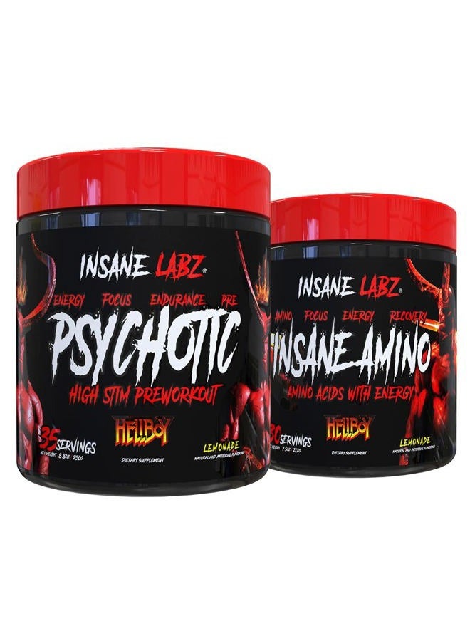 Insane labz Hellboy Bundle, Psychotic Hellboy Pre Workout and Insane Amino BCAA, Increase Muscle Mass, Strength, Focus and Recovery Time, Lemonade - Image 1
