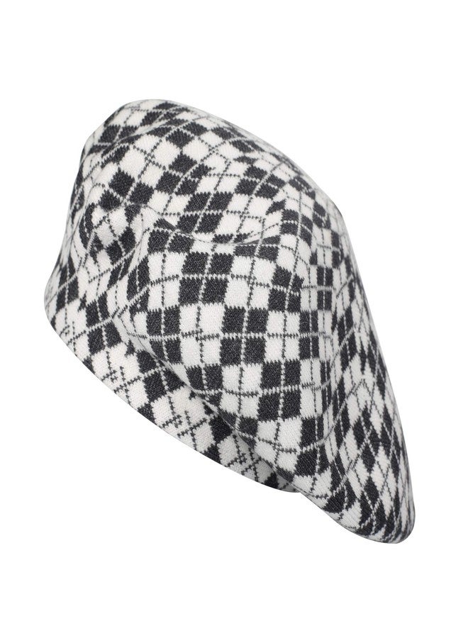 ZLYC Womens French Beret Hat Reversible Knitted Thickened Warm Cap for Ladies Girls (Checkered White) - Image 1
