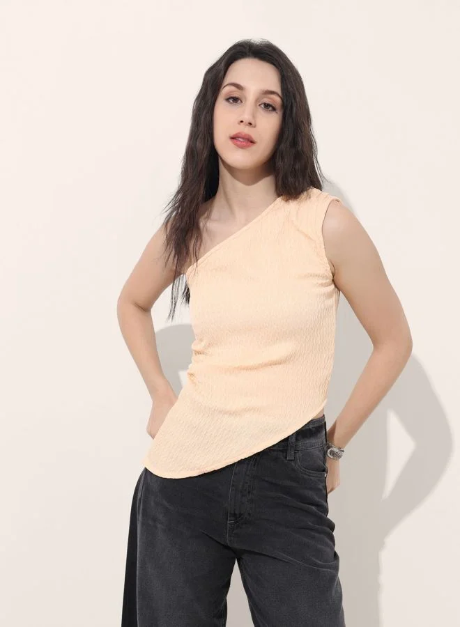 مرفوعة Women Regular Fit Textured One Shoulder Sleeveless One Shoulder Top