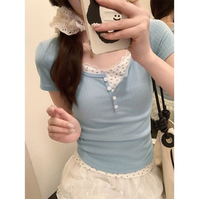 Original Jacquard Fabric Pure Desire Two-Piece Stacked Lace Short-Sleeved T-Shirt Women'S Summer Floral Base Shirt - Image 1