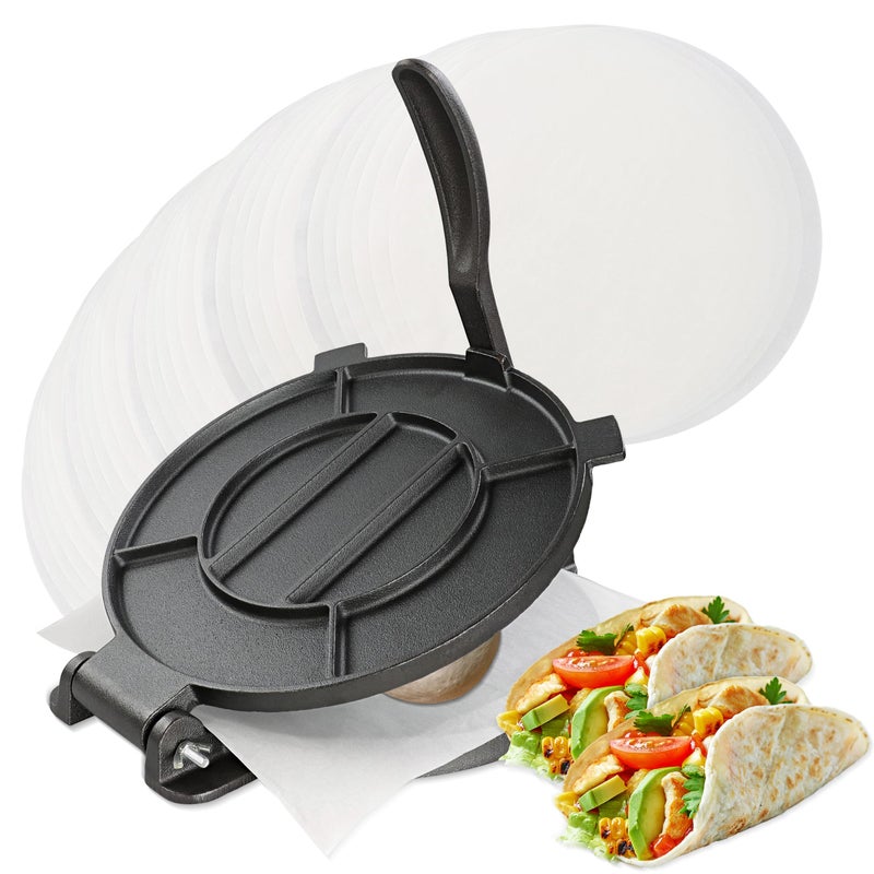 7Penn 7Penn Cast Iron Tortilla Press 8in  Corn Tortilla Press Roti Maker Flour Tortillas Presser with 100 Cooking Sheets 