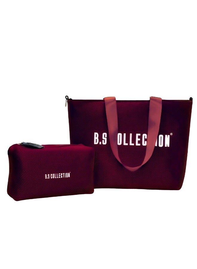 B.S COLLECTION Tote Bag for Women in Double-Face Leather and Fabric Lightweight, Elegant & Practical for Work and University - Burgundy - Image 1