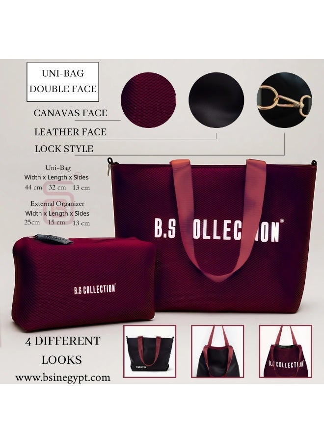 B.S COLLECTION Tote Bag for Women in Double-Face Leather and Fabric Lightweight, Elegant & Practical for Work and University - Burgundy - Image 2