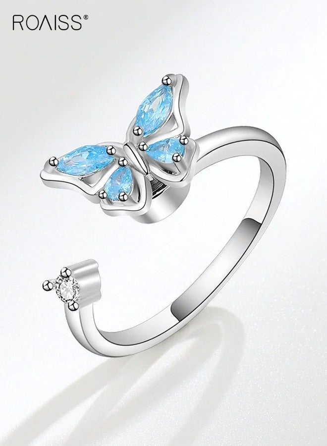 roaiss Women's Butterfly Ring, Micro-Pavé Zirconia with Blue Sapphire Electroplating, Adjustable Open-Back Ring Niche Design Statement Ring Jewelry, Silver Band - Image 1
