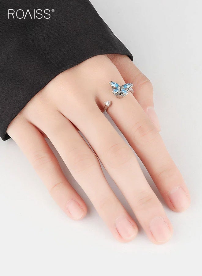 roaiss Women's Butterfly Ring, Micro-Pavé Zirconia with Blue Sapphire Electroplating, Adjustable Open-Back Ring Niche Design Statement Ring Jewelry, Silver Band - Image 2