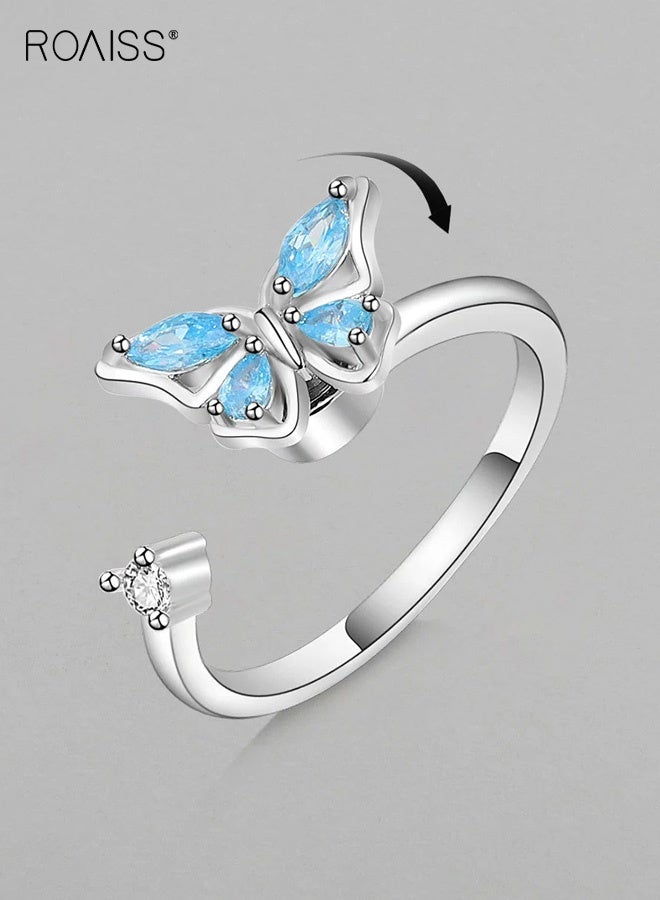 roaiss Women's Butterfly Ring, Micro-Pavé Zirconia with Blue Sapphire Electroplating, Adjustable Open-Back Ring Niche Design Statement Ring Jewelry, Silver Band - Image 4