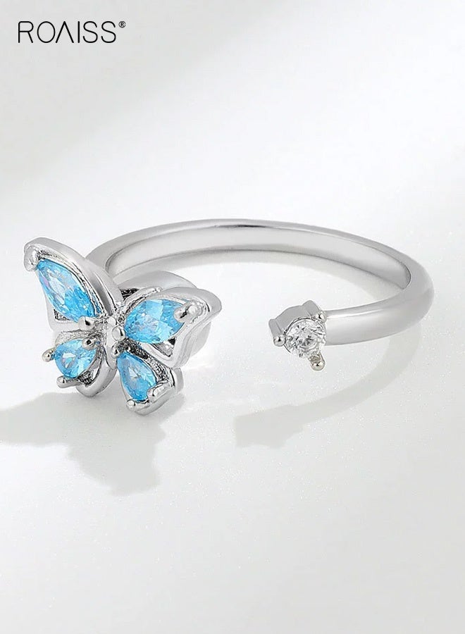 roaiss Women's Butterfly Ring, Micro-Pavé Zirconia with Blue Sapphire Electroplating, Adjustable Open-Back Ring Niche Design Statement Ring Jewelry, Silver Band - Image 3