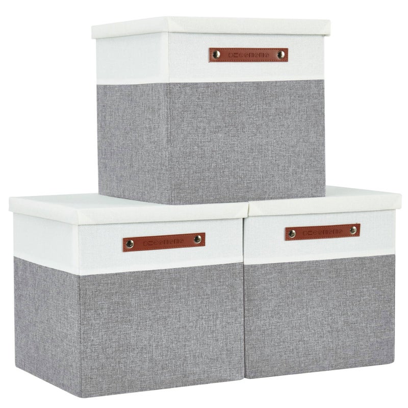 DECOMOMO Storage Basket with Lid, Storage Cubes with Handles, Fabric Box with Lid (Grey and White, 13â€ / 3 Pack) - Image 1