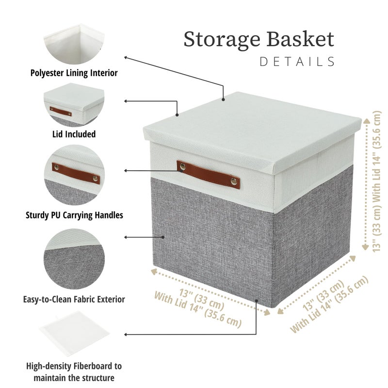 DECOMOMO Storage Basket with Lid, Storage Cubes with Handles, Fabric Box with Lid (Grey and White, 13â€ / 3 Pack) - Image 4