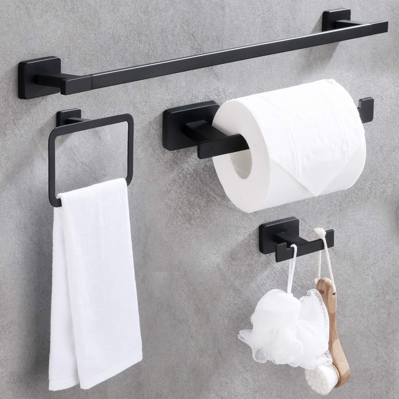 GERUIKE 4 Piece Bathroom Hardware Accessories SetMatt Black Stainless Steel Towel Bar Sets Wall Mounted  Includes 16 Towel Bar Square Towel Ring Toilet Paper Holder Robe Towel Hook