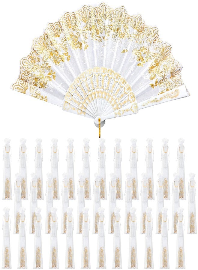 Geelin 50 Pcs Hand Lace Foldable Fans Bulk for Women with Organza Bag Lace Folded Hand European Retro Fan Bridal Dancing Prop Wedding Party Favors for Dancing Tea Party (White,Butterfly) - Image 1