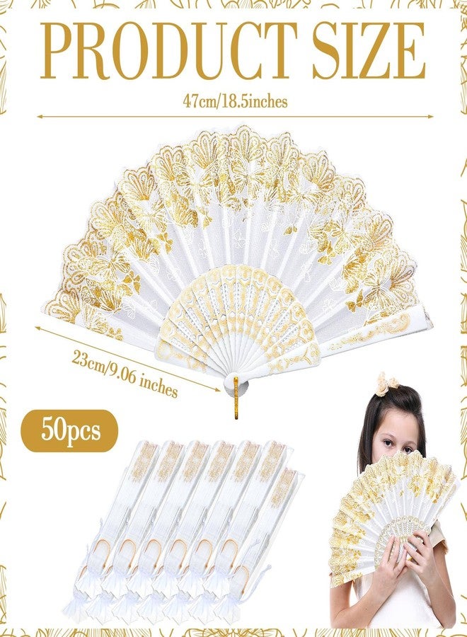 Geelin 50 Pcs Hand Lace Foldable Fans Bulk for Women with Organza Bag Lace Folded Hand European Retro Fan Bridal Dancing Prop Wedding Party Favors for Dancing Tea Party (White,Butterfly) - Image 2