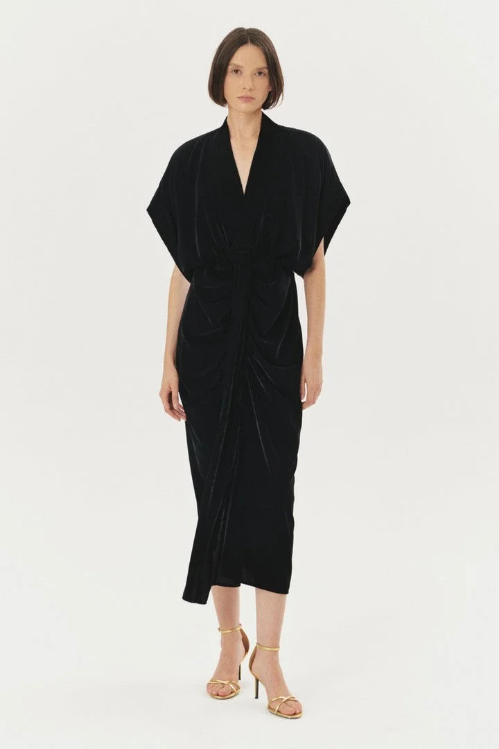EXQUISE V-Neck Velvet Midi Dress