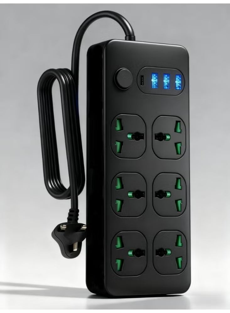 AHAKAC Power Strips Universal Extension Lead with 6 Way 3 USB Port 1 Type-C Port,Power Socket,6 Way Power Socket Cord,Plug Extension - Image 1