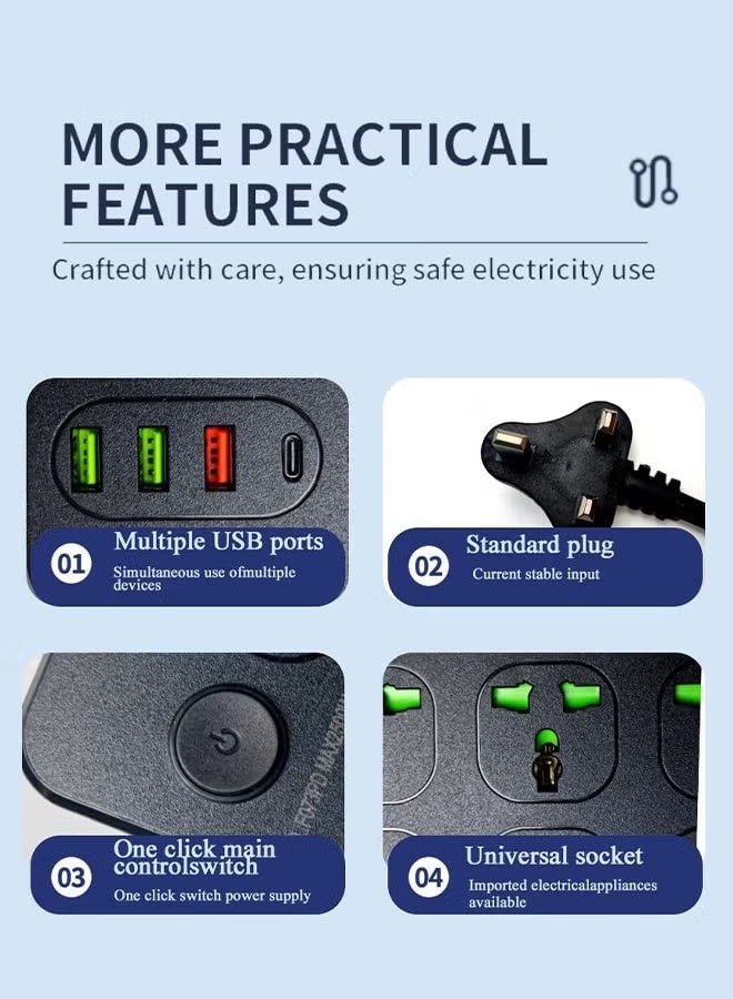AHAKAC Power Strips Universal Extension Lead with 6 Way 3 USB Port 1 Type-C Port,Power Socket,6 Way Power Socket Cord,Plug Extension - Image 5