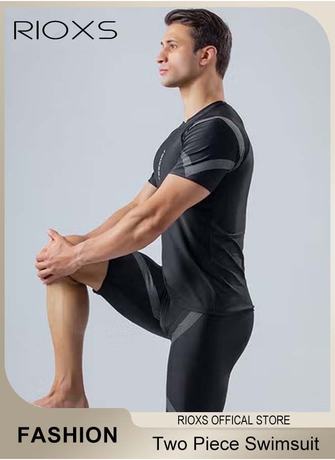 RIOXS Men's Two Piece Rash Guard Swimsuit, Comfy Swimming Tops And Shorts, Water Sport Swimsuit, Sun Protection Bathing Suits, Short Sleeve Swimwear, Men's Swim Top And Trunks For Beach Swimming Surfing(Style 2)  - Image 2