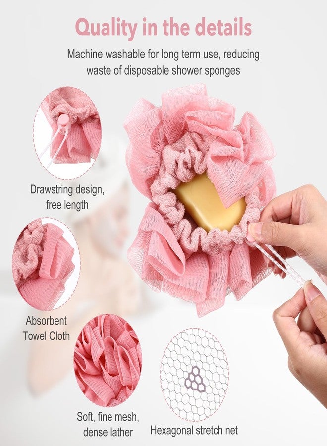 WJIAAA Loofah Washcloth Combo, 3 Pack 2-in-1 Exfoliating Shower Pouf Soap Pocket Drawstring Exfoliation Mesh Ball Hold Bar Soap Loofah Washcloth Body Wash Cleansing Smooth Skin(Beige+Coffee+Pink) - Image 3