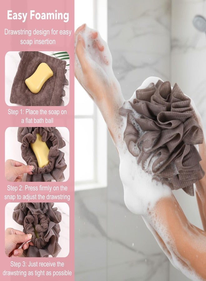WJIAAA Loofah Washcloth Combo, 3 Pack 2-in-1 Exfoliating Shower Pouf Soap Pocket Drawstring Exfoliation Mesh Ball Hold Bar Soap Loofah Washcloth Body Wash Cleansing Smooth Skin(Beige+Coffee+Pink) - Image 2