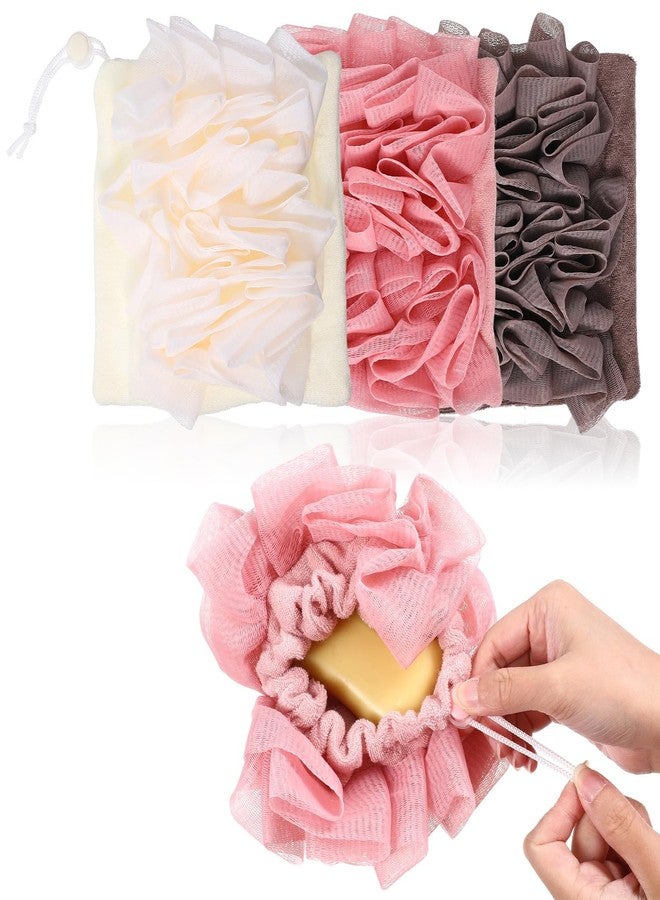 WJIAAA Loofah Washcloth Combo, 3 Pack 2-in-1 Exfoliating Shower Pouf Soap Pocket Drawstring Exfoliation Mesh Ball Hold Bar Soap Loofah Washcloth Body Wash Cleansing Smooth Skin(Beige+Coffee+Pink) - Image 1